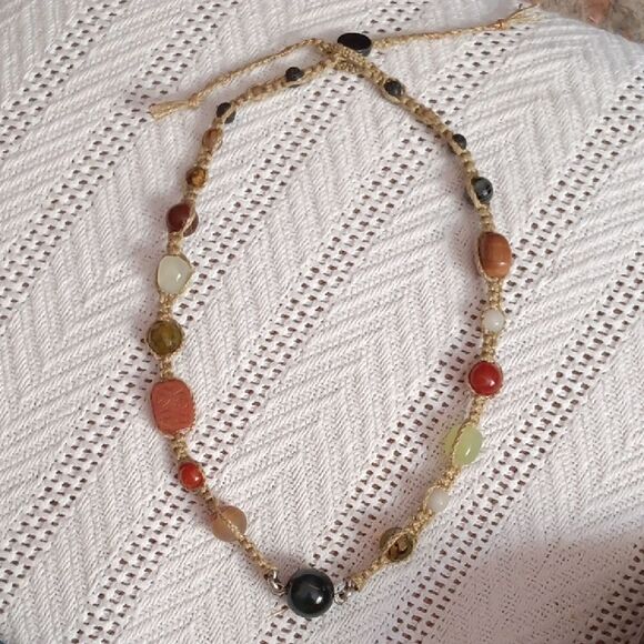 Multicolor Beaded Necklace Linen And Stones - Picture 1 of 4